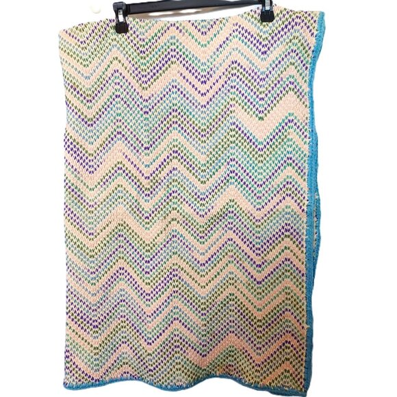 Handmade Crochet Blanket With Chevron Pastel Design & Blue Trim - Picture 1 of 4